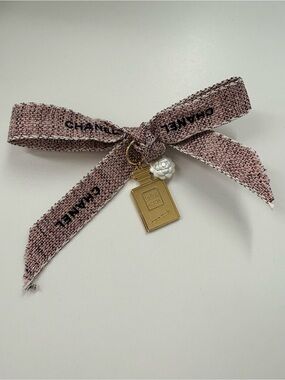CHANEL Pink Tweed Bow Ribbon  with Gold Perfume Bottle & Camellia flower Charm
